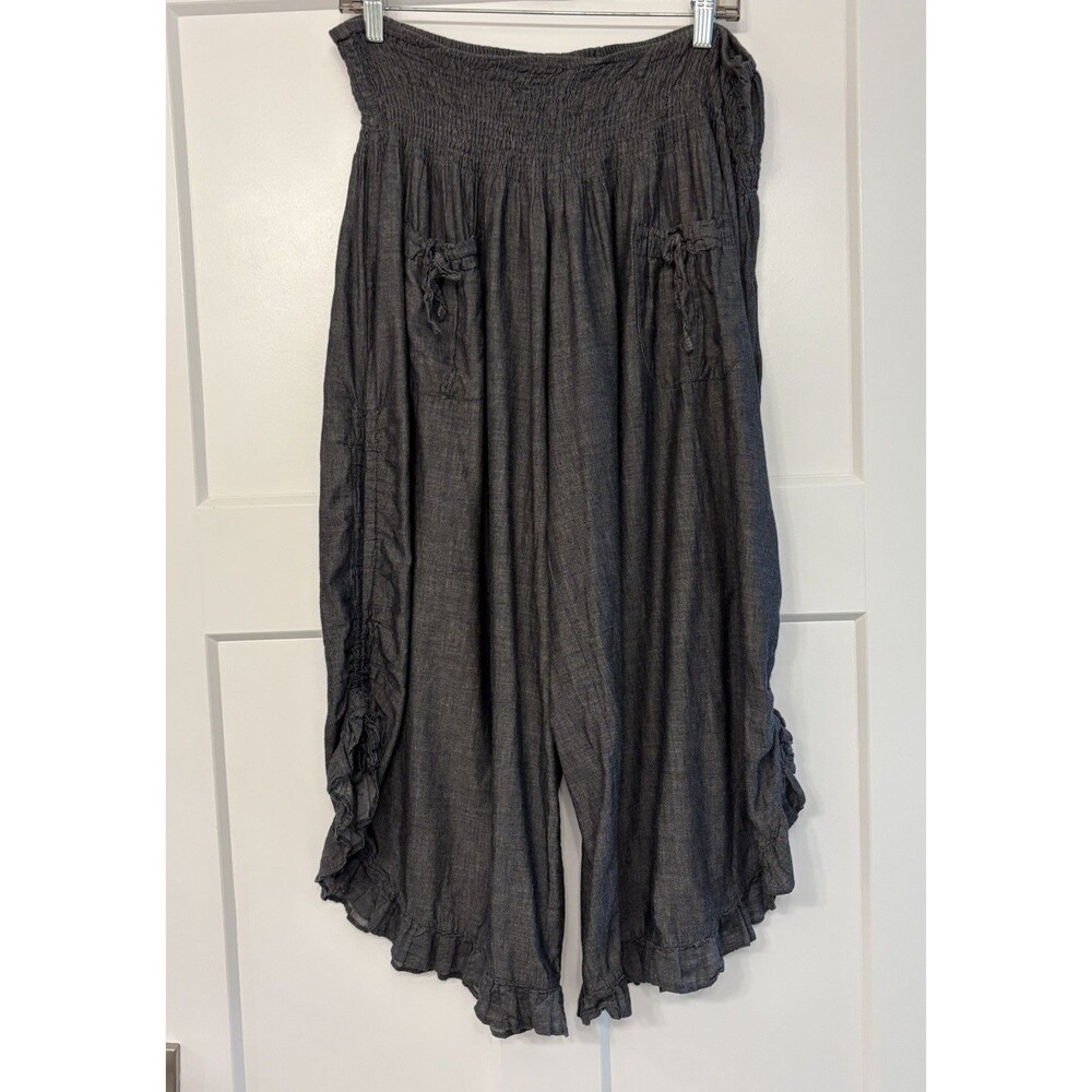 Celina Boho Pants Smocked Waist Ruched Tie Up Ruffle Leg Gray Culottes One Size